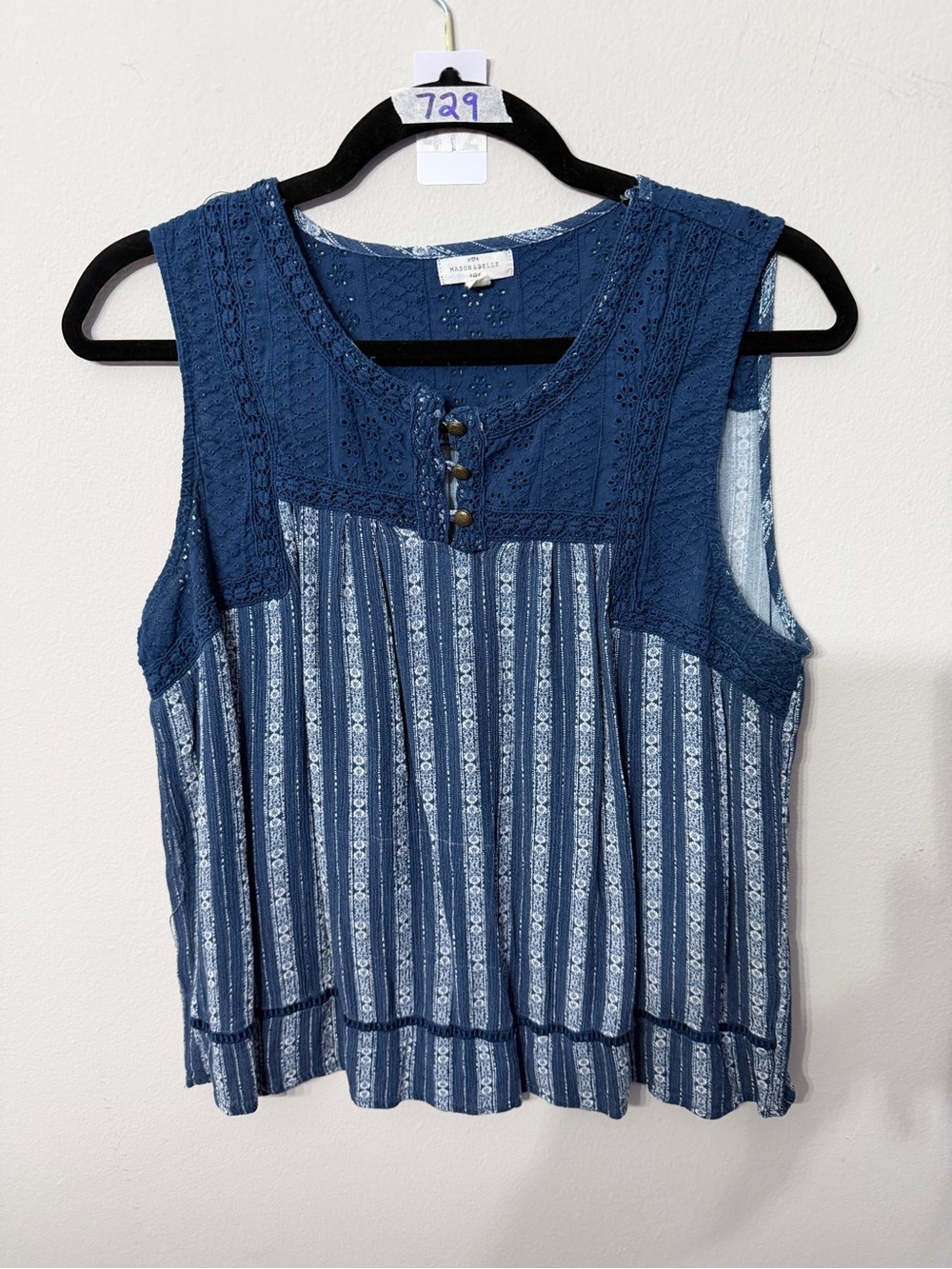 Women’s Mason & Belle Blue Eyelet Lace Boho Sleeveless Blouse Large
